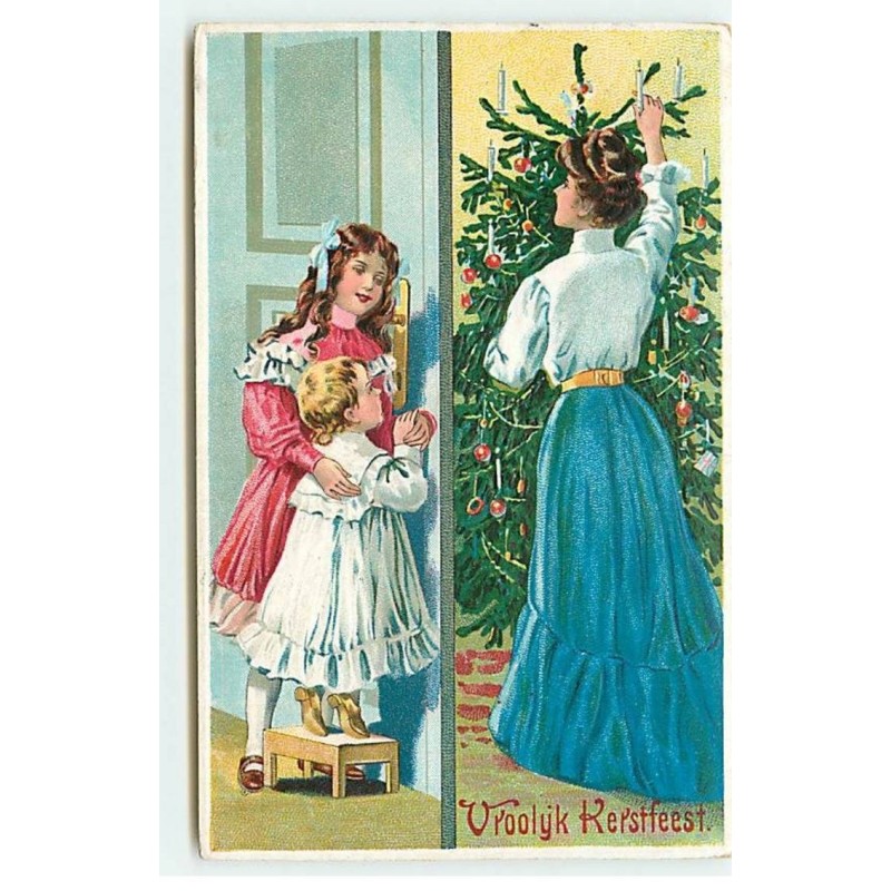 n°18178 - Carte Gaufrée - Vroolyk Kerstfeest - Enfants regardant leur mère décoré un sapin