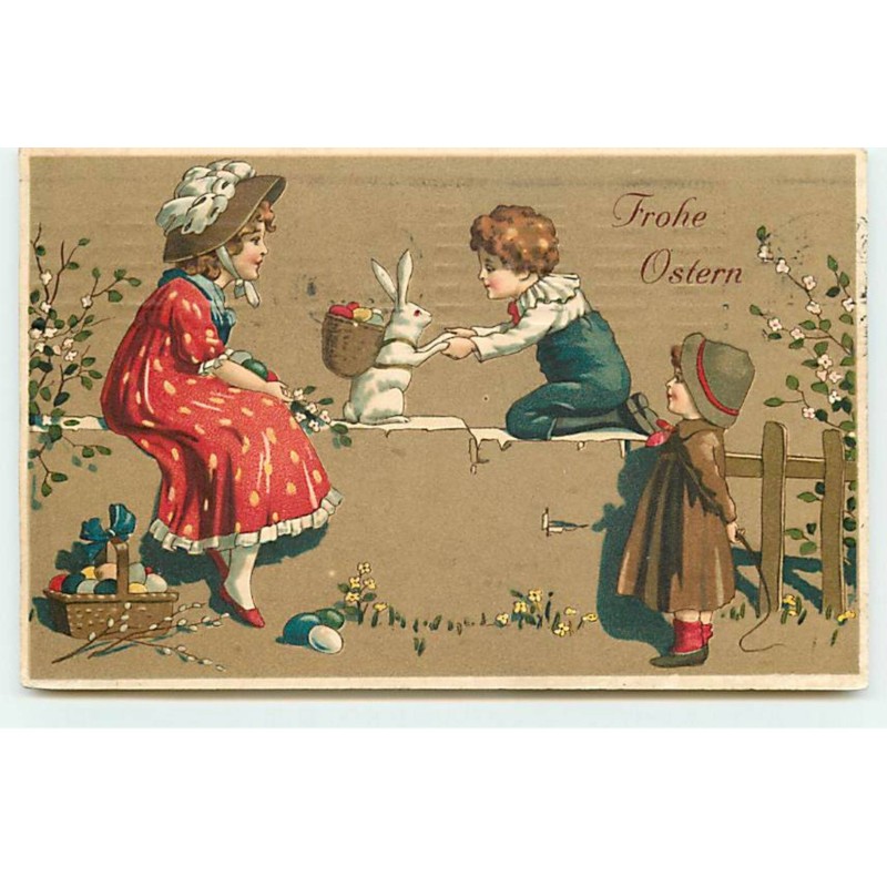 n°18183 - Carte Gaufrée - Frohe Ostern - Enfants jouant avec un lièvre