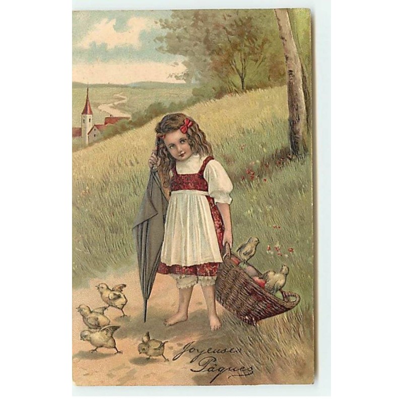 n°18185 - Carte Gaufrée -Joyeuses Pâques - Fillette portant un panier rempli d'oeufs et de poussins