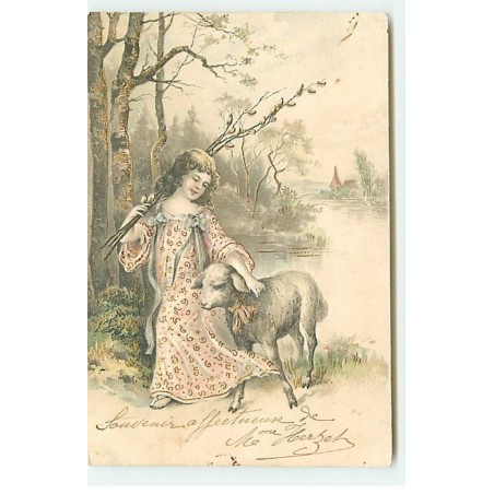 n°18187 - Carte Gaufrée - Fillette près d'un mouton