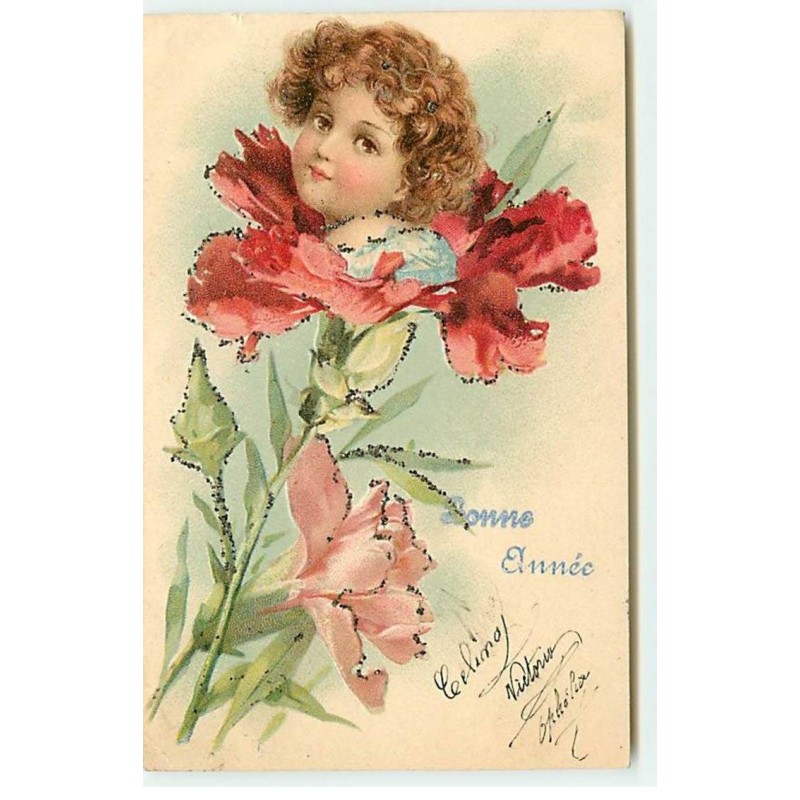 n°18188 - Carte Gaufrée - Bonne Année - Portrait d'une fillette dans un oeillet - surréalisme