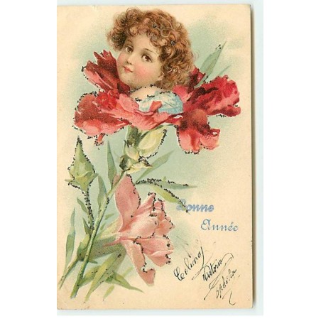 n°18188 - Carte Gaufrée - Bonne Année - Portrait d'une fillette dans un oeillet - surréalisme