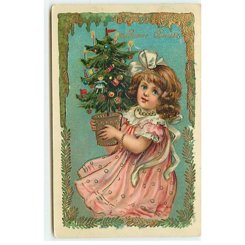 n°18191 - Carte Gaufrée - Bonne Année - Fillette portant un sapin décoré dans un pot