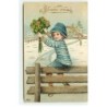 n°18193 - Carte Gaufrée - Bonne Année - Enfant assis sur une balustrade portant un bouquet de trèfles