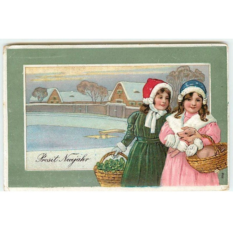 n°18196 - Prosit Neujahr - Jeunes filles portant des paniers, l'un rempli de trèfles, l'autre d'un cochon