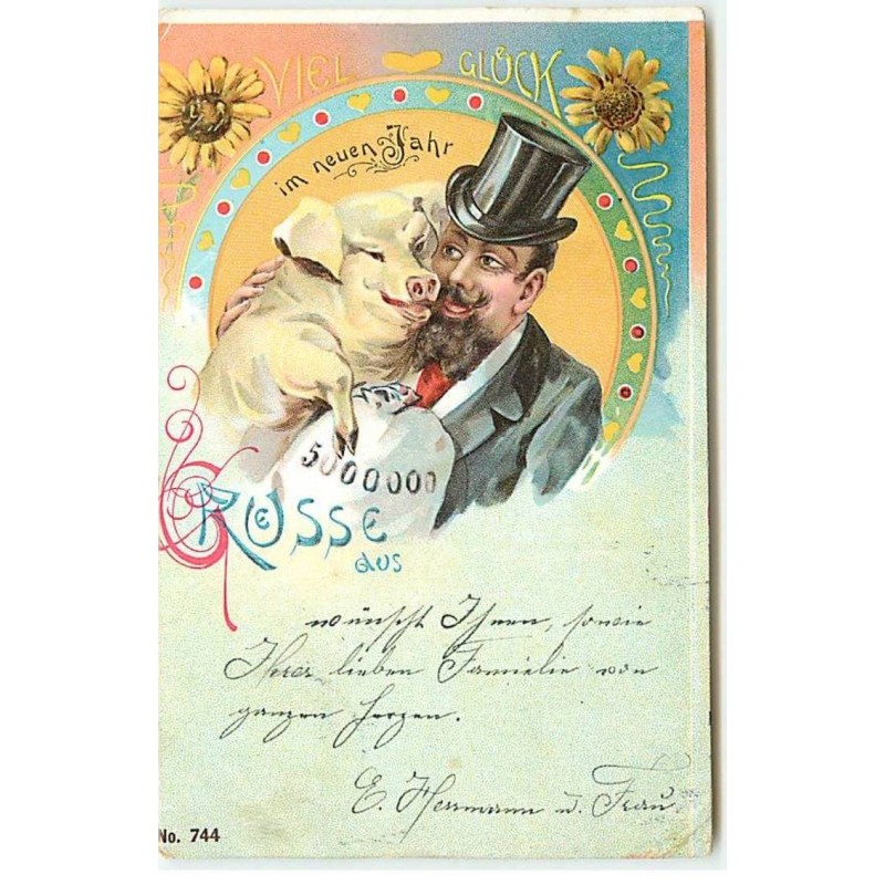 n°18198 - Viel Glück im Neuen Jahr - Homme avec un cochon et un sac de pièces d'or