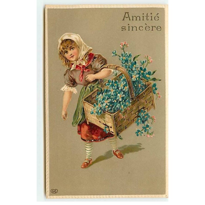 n°18199 - Carte Gaufrée - Amitié sincère - Fillette portant un panier rempli de myosotis