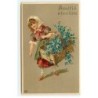 n°18199 - Carte Gaufrée - Amitié sincère - Fillette portant un panier rempli de myosotis