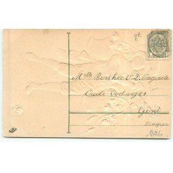 n°18226 - Carte Gaufrée avec Paillettes - Bonne Année - Garçon portant sur les épaules des paniers remplis de roses