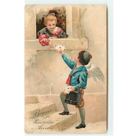 n°18228 - Carte Gaufrée - Bonne et Heureuse Année - Garçon donnant une lettre à une jeune fille