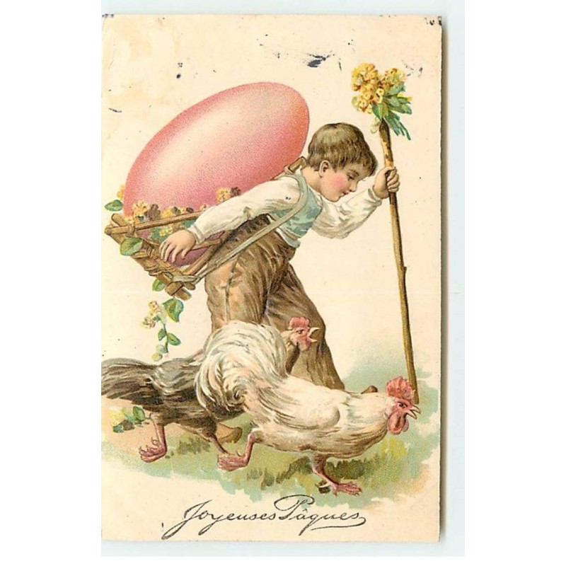 n°18238 - Carte Gaufrée - Joyeuses Pâques - Garçon portant un oeuf, marchant avec des poules