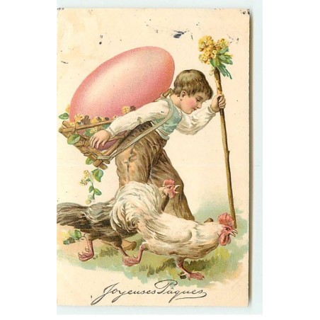 n°18238 - Carte Gaufrée - Joyeuses Pâques - Garçon portant un oeuf, marchant avec des poules