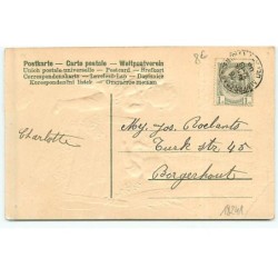 n°18241 - Carte Gaufrée - Joyeuses Pâques - Deux enfants, la fillette tenant des fleurs et le garçon portant un lièvre