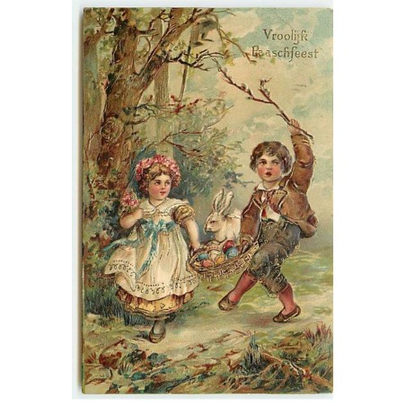 n°18242 - Carte Gaufrée - Vroolijk Paaschfeest - Deux enfants portant un panier rempli d'oeufs