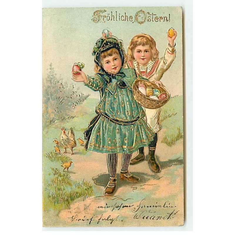 n°18244 - Carte Gaufrée - Fröhliche Ostern - Fillettes portant des oeufs dans un panier