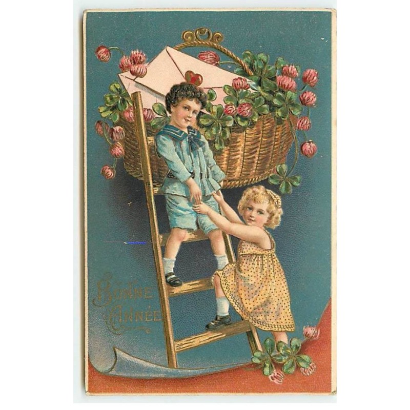 n°18249 - Carte Gaufrée - Bonne Année - Enfants montant sur une échelle
