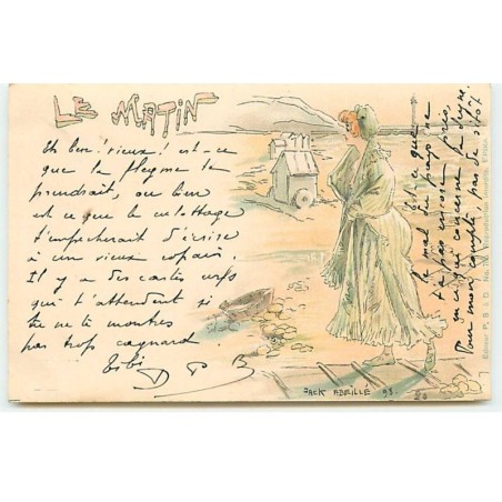 n°18263 - J. Abeillé - Le Matin - Jeune femme se promenant sur une plage