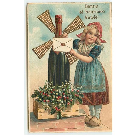 n°18273 - Carte Gaufrée - Bonne et Heureuse Année - Fillette près d'une bouteille de champagne avec des ailes de moulin
