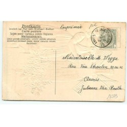 n°18273 - Carte Gaufrée - Bonne et Heureuse Année - Fillette près d'une bouteille de champagne avec des ailes de moulin