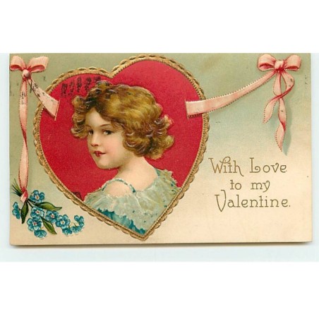 n°18276 - Carte Gaufrée - Clapsaddle - With Love to my Valentine - Portrait d'une jeune fille dans un coeur
