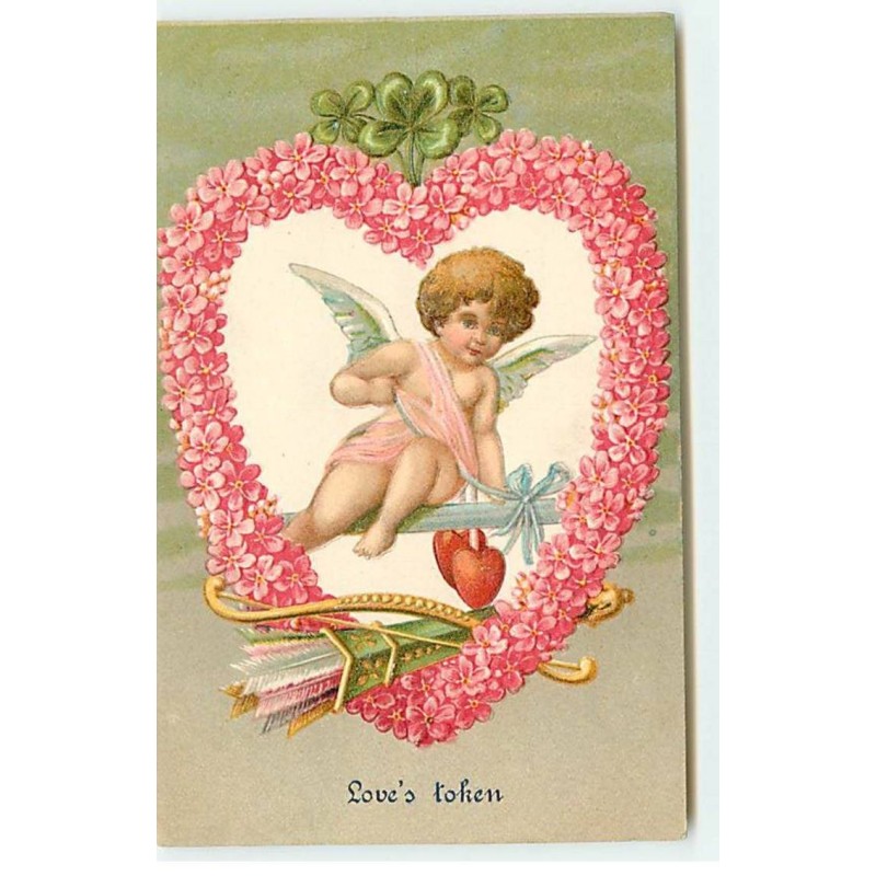 n°18279 - Carte Gaufrée - Love's token - Ange au milieu d'un coeur de fleurs
