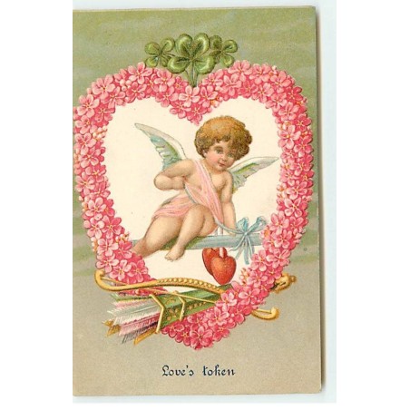 n°18279 - Carte Gaufrée - Love's token - Ange au milieu d'un coeur de fleurs
