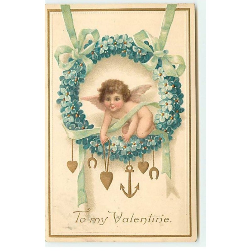 n°18281 - Carte Gaufrée - To my valentine - Ange au milieu d'une couronne de myosotis