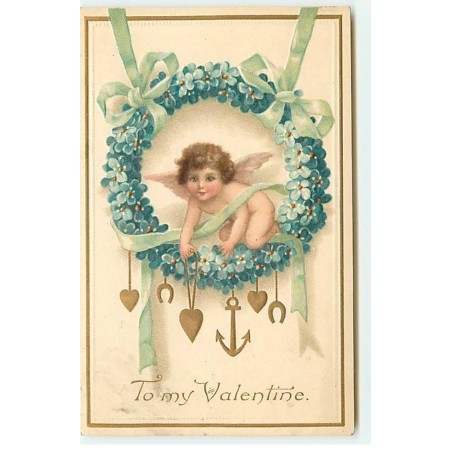 n°18281 - Carte Gaufrée - To my valentine - Ange au milieu d'une couronne de myosotis