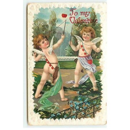 n°18282 - Carte Gaufrée - To my valentine - Anges jouant au diabolo avec des coeurs
