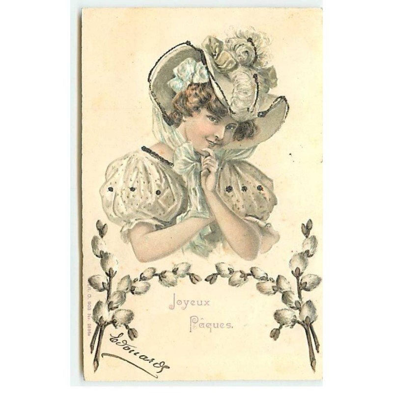 n°18285 - Carte Gaufrée avec paillettes - Joyeux Pâques - Jeune femme