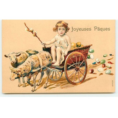 n°18286 - Carte Gaufrée - Joyeuses Pâques - Fillette dans une charette tirée par des moutons