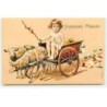 n°18286 - Carte Gaufrée - Joyeuses Pâques - Fillette dans une charette tirée par des moutons