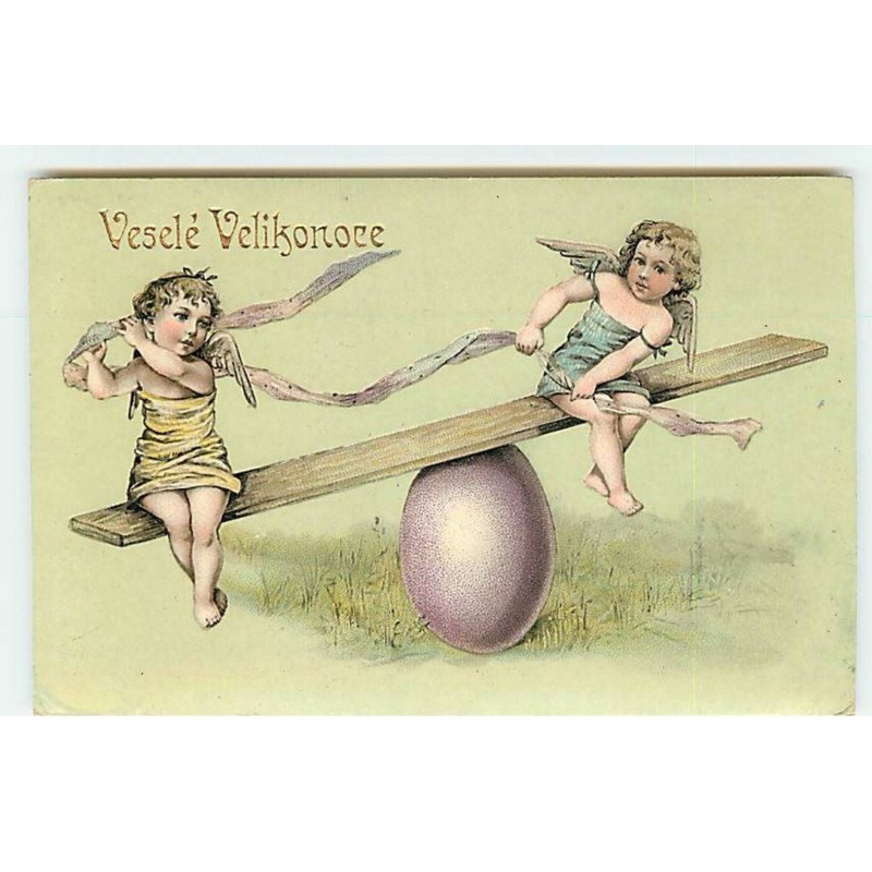 n°18288 - Veselé Velikonoce - Anges faisant de la balancelle sur un oeuf