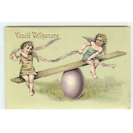 n°18288 - Veselé Velikonoce - Anges faisant de la balancelle sur un oeuf