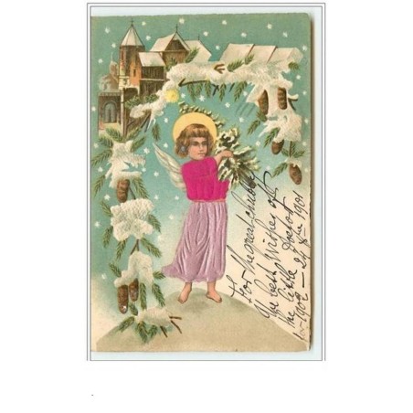 n°1829 - Carte Gaufrée - Noël - Angelot avec habit en tissu