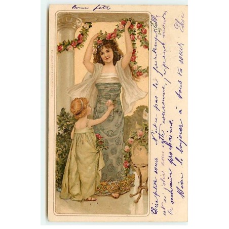 n°18291 - Une fillette et une femme accrochant des guirlandes de roses