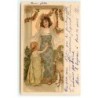 n°18291 - Une fillette et une femme accrochant des guirlandes de roses