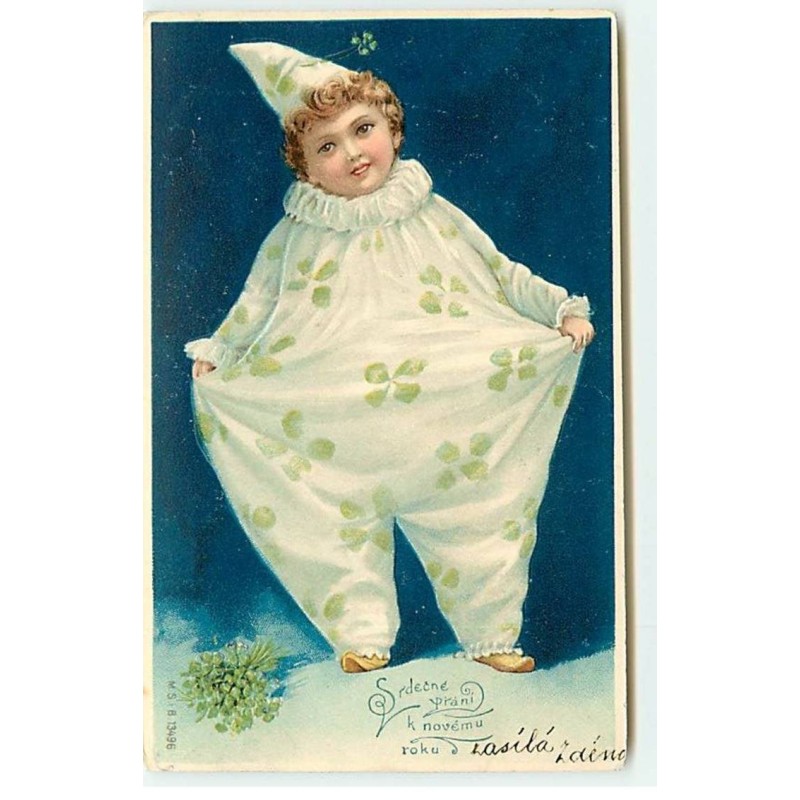 n°18294 - Carte Gaufrée - Srdecné prani k novému roku - Garçon avec un habit avec des trèfles dessus