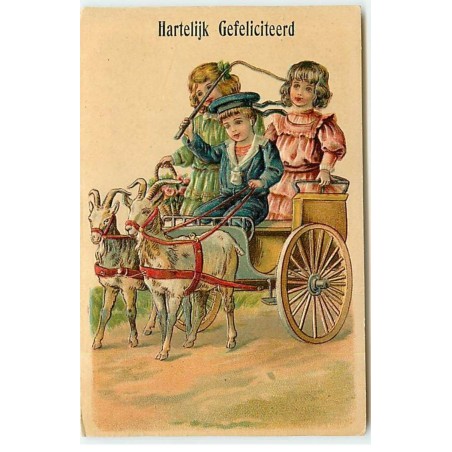 n°18296 - Carte Gaufrée - Hartelijk Gefeliciteerd - Enfants dans une calèche tirée par des chèvres