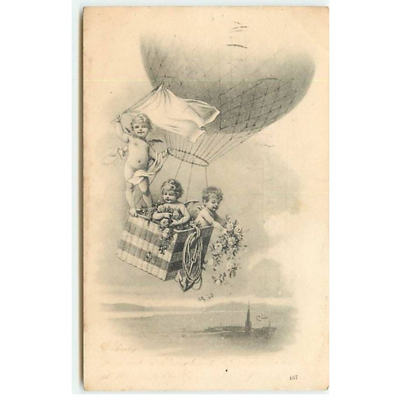 n°18298 - Anges lançant des fleurs d'une nacelle de Montgolfière