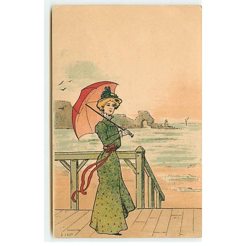 n°18313 - Jeune femme se promenant sur les planches d'une plage - Editeur Laroche Joubert Alfred