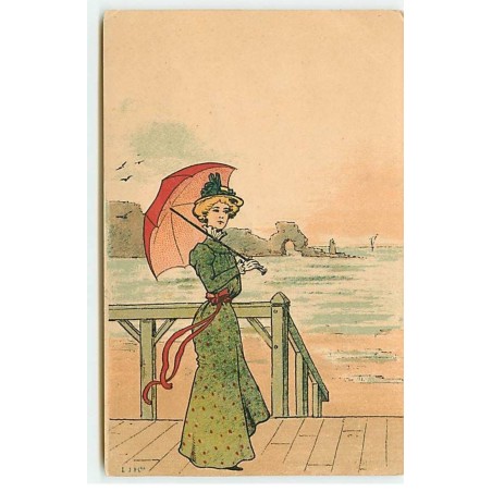 n°18313 - Jeune femme se promenant sur les planches d'une plage - Editeur Laroche Joubert Alfred