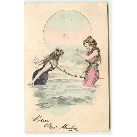 n°18316 - Jeunes femmes dans la mer se tenant à une corde - Baigneuse