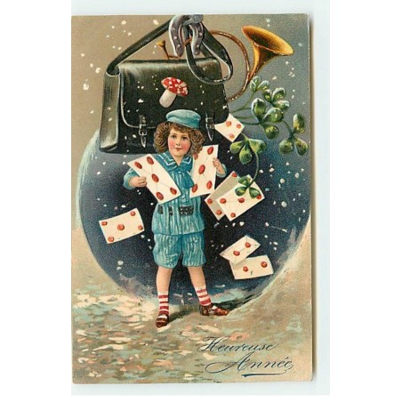 n°18319 - Carte Gaufrée - Heureuse Année - Un garçon avec des lettres