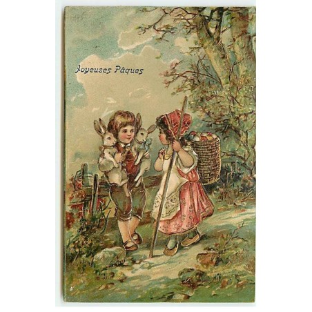 n°18327 - Carte Gaufrée - Joyeuses Pâques - Fillette rencontrant un garçon portant des lièvres