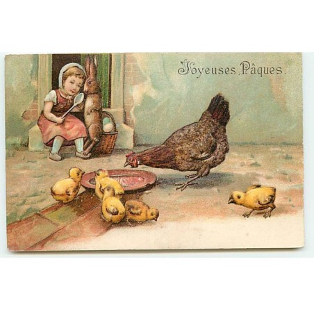 n°18328 - Carte Gaufrée - Joyeuses Pâques - Fillette regardant une poule et des poussins manger