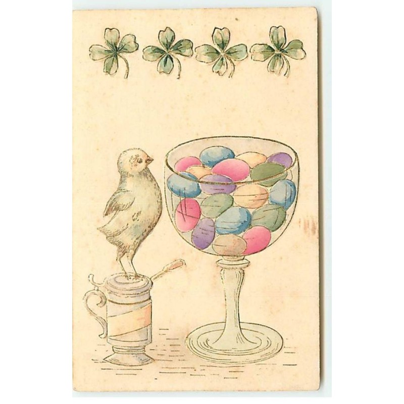 n°18330 - Carte Gaufrée - Poussin regardant un verre contenant des oeufs