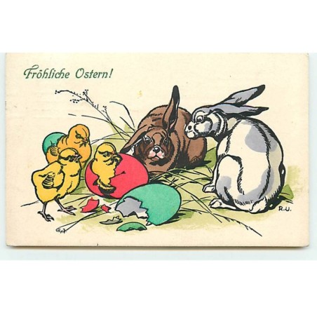 n°18333 - MM Vienne n°574 - RU - Fröhliche Ostern - Lièvres autour de poussins sortant d'oeufs