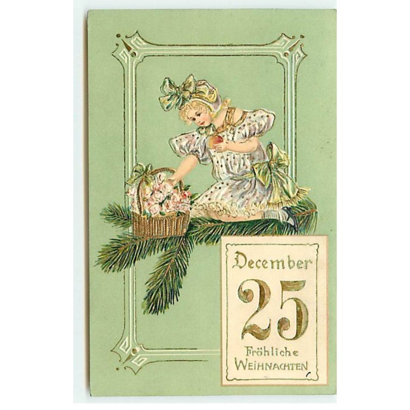 n°18335 - Carte Gaufrée - Fröhliche Weihnachten - Fillette près d'un panier rempli de fleurs