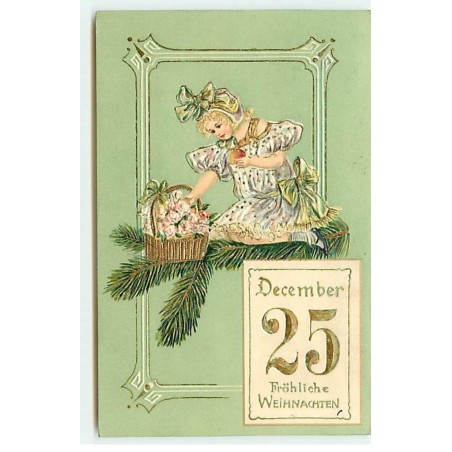 n°18335 - Carte Gaufrée - Fröhliche Weihnachten - Fillette près d'un panier rempli de fleurs